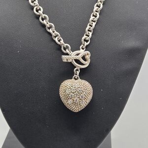 Puffy Heart Rhinestones Silver 925 Necklace Chain Front Toggle Clasp 18"